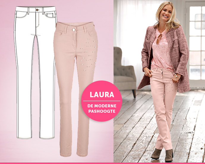 Perfect figuur broekmodellen Laura de moderne pashoogte model draagt roze broek met parels op het linkerbeen