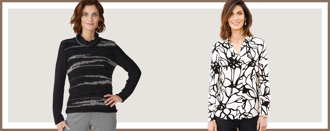 Ratgeber Schwarz-Weiß-Outfit schicke Mode zwei Damen präsentieren unterschiedliche Kombinationen