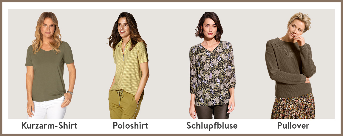 Ratgeber Farbe Oliv Oberteile modische Beispiele wie Kurzarm-Shirt Poloshirt Schlupfbluse Pullover