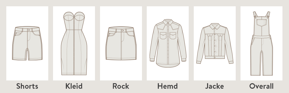 MONA Ratgeber Denim Kleidungsstücke Beispiele Shorts Kleid Rock Hemd Jacke Overall