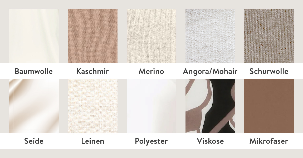 MONA Ratgeber New Tailoring Material Beispiele Baumwolle Kaschmir Merio Angora-Mohair Schurwolle Seide Leinen Polyester Viskose Mikrofaser