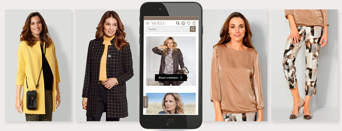 Ratgeber New Tailoring bei MONA Models in verschiedenen Outfits in der Mitte ein Smartphone mit MONA-App-Bild