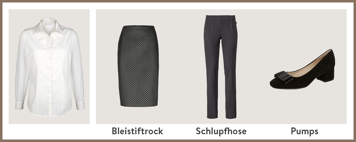 MONA Ratgeber Weisse-Blusen-Looks Smart Beispiel weisse Bluse kombiniert mit schwarzem Bleistiftrock schwarzer Schlupfhose und schwarzen Pumps