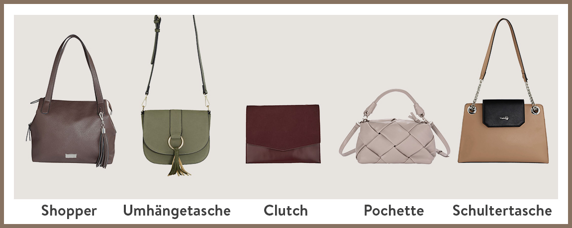 MONA Ratgeber Accessoires Handtaschen Beispiele Shopper Umhängetasche Clutch Pochette Schultertasche